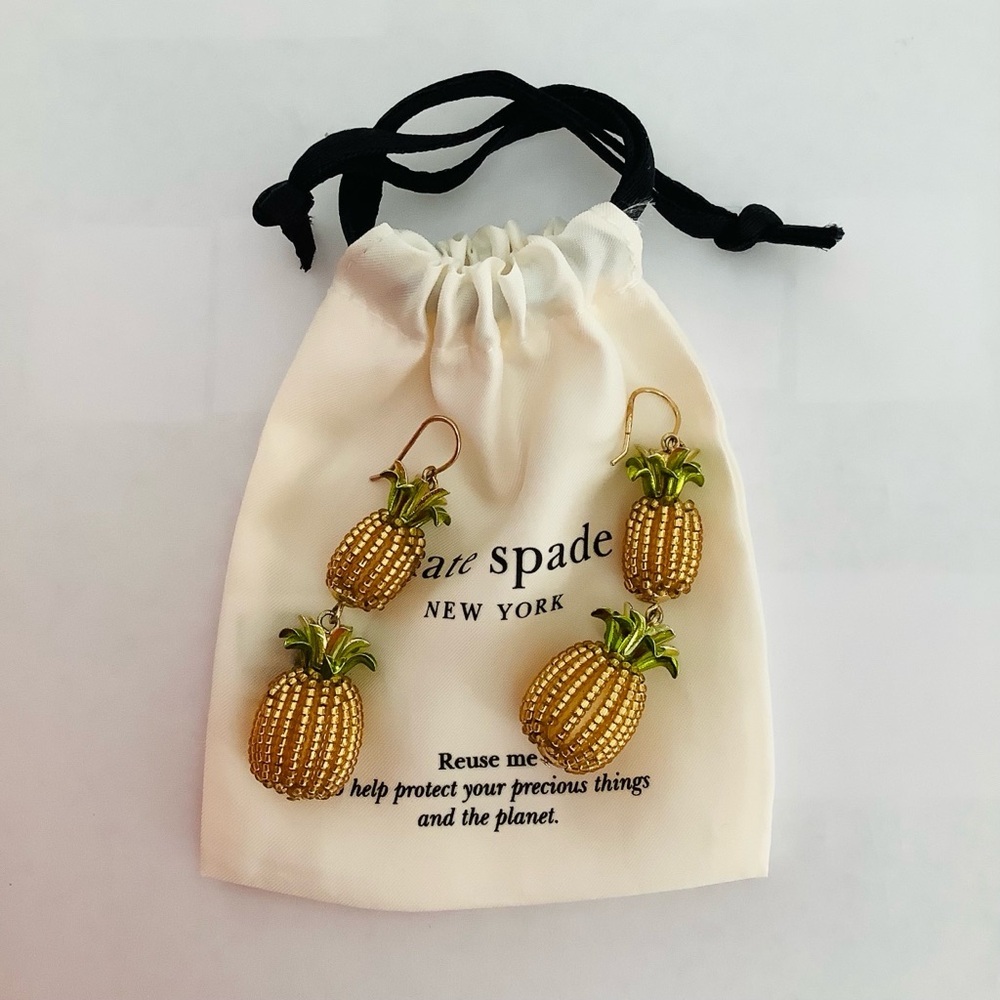 Kate Spade Pineapple Double Drop Gold and Green Tropical Earrings - Picture 2 of 4
